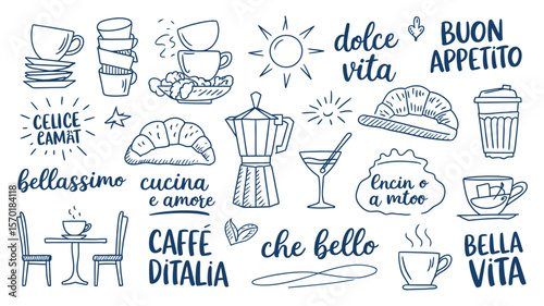 Italian Vacation Doodle Illustration Set – Hand Drawn Chalk and Charcoal Style Food, Coffee, and Lettering Elements – Vector Ink Sketches for Menus, Posters, or Placards

