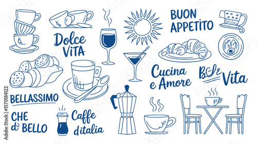 Italian Vacation Doodle Illustration Set – Hand Drawn Chalk and Charcoal Style Food, Coffee, and Lettering Elements – Vector Ink Sketches for Menus, Posters, or Placards

