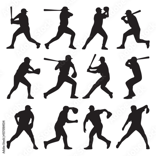 Collection of twelve black silhouettes of baseball players in various action poses including batting pitching and fielding against a clean white background