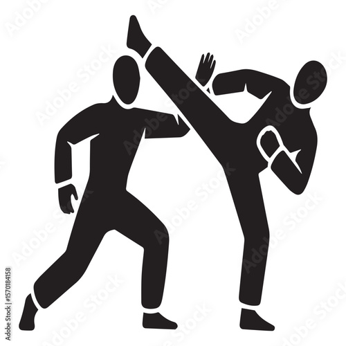 Dynamic black silhouette of two martial artists engaged in combat with one performing a high kick and the other blocking with their hand in a stylized representation of a fight