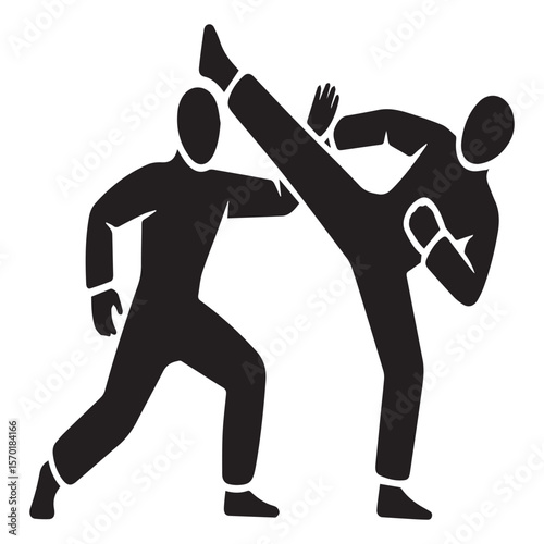 Two stylized black figures in silhouette engaged in a dynamic martial arts fight with one figure performing a high side kick and the other blocking