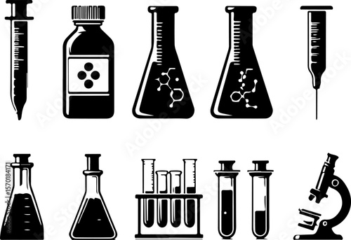 Vector sketch illustration collection of transparent glass bottle designs, results of laboratory experiments and scientific research 