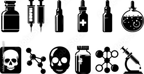 Vector sketch illustration collection of transparent glass bottle designs, results of laboratory experiments and scientific research