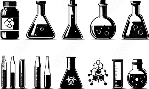 Vector sketch illustration collection of transparent glass bottle designs, results of laboratory experiments and scientific research