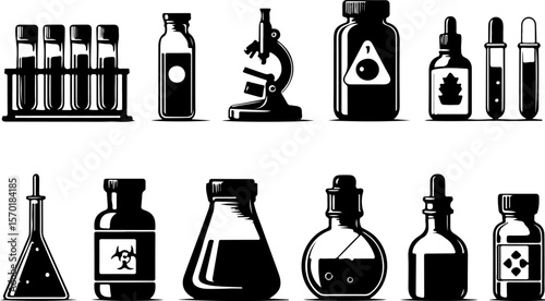 Vector sketch illustration collection of transparent glass bottle designs, results of laboratory experiments and scientific research 
