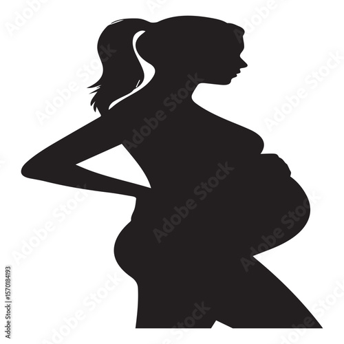 Silhouette of a pregnant woman with her hand on her belly showcasing her baby bump and a ponytail isolated on a white background representing motherhood and anticipation