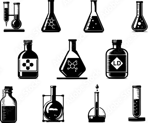 Vector sketch illustration collection of transparent glass bottle designs, results of laboratory experiments and scientific research
