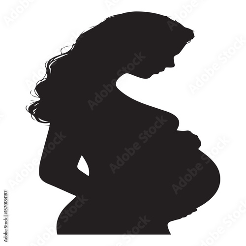 Elegant black silhouette of a pregnant woman holding her belly with long wavy hair against a white background symbolizing motherhood and expectation