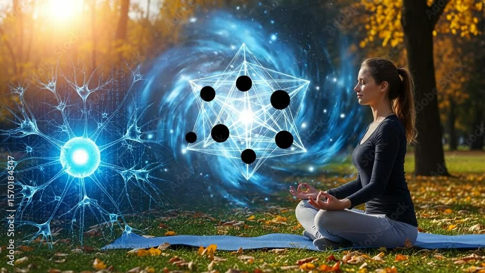 Woman meditating with geometric shapes in autumn park