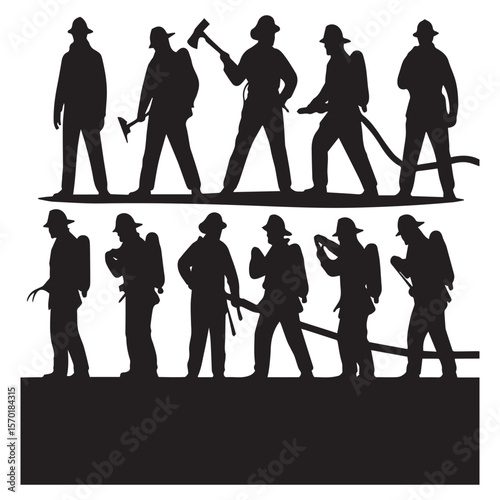 A diverse group of firefighters in silhouette some holding axes and hoses ready for action representing bravery and teamwork in emergency response situations
