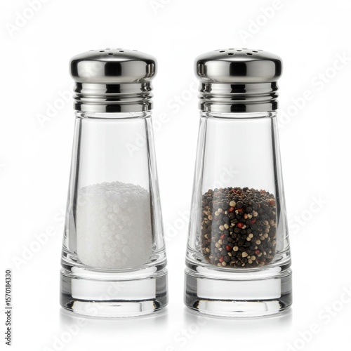 Salt and pepper shakers isolated on white background for seasoning and culinary use
