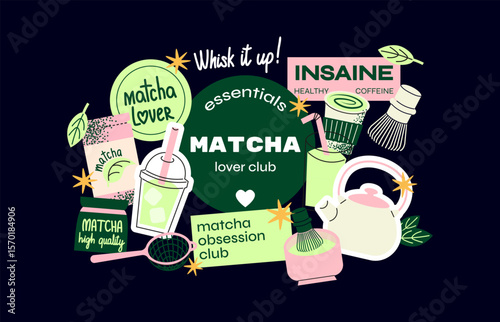 Matcha Lover Sticker Set. Retro-inspired illustrations of matcha tea, tools, and ingredients. Perfect for healthy lifestyle, tea enthusiasts, and wellness designs. Funky, colorful vector set for brand