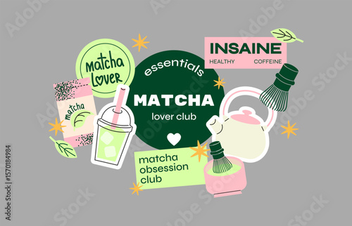 Matcha Lover Sticker Set. Retro-inspired illustrations of matcha tea, tools, and ingredients. Perfect for healthy lifestyle, tea enthusiasts, and wellness designs. Funky, colorful vector set for brand