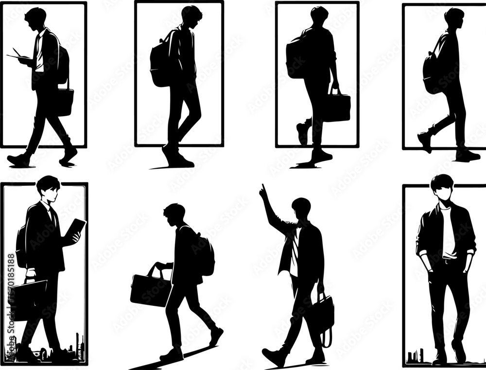 Obraz premium vector illustration silhouette design of students and office workers walking along the sidewalk