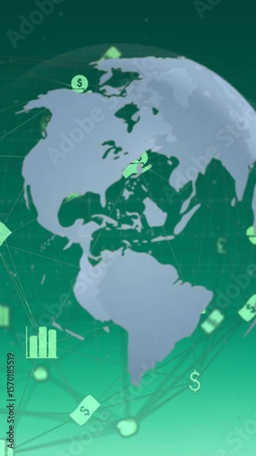 Animation of connected icons around globe against abstract background