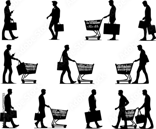 vector illustration sketch silhouette of people shopping in a supermarket using shopping bags and push trolleys 