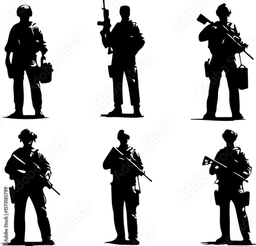 vector sketch illustration collection of army troop designs carrying long-barreled rifle weapons