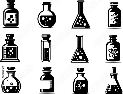 Vector sketch illustration collection of transparent glass bottle designs of laboratory test results, experiments and research
