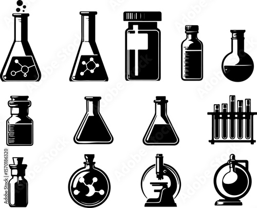 Vector sketch illustration collection of transparent glass bottle designs of laboratory test results, experiments and research
