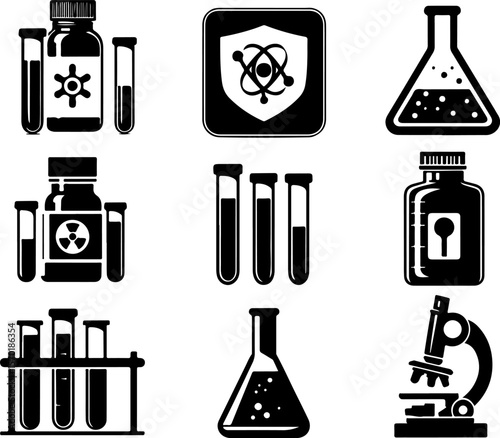 Vector sketch illustration collection of transparent glass bottle designs of laboratory test results, experiments and research