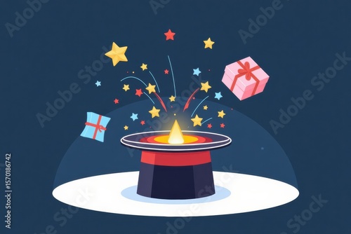 Magic hat with presents and stars bursting in colorful explosion  