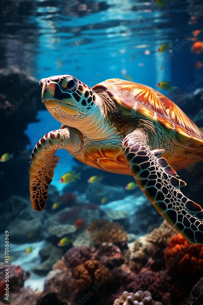Obraz premium Hermosa tortuga en Arrecife, coralino, aguas transparentes y peces coloridos.