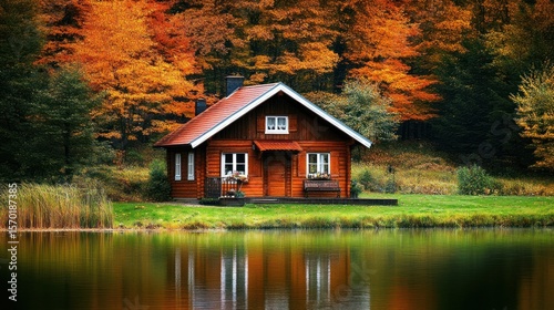 Rustic cabin by a serene autumn lake