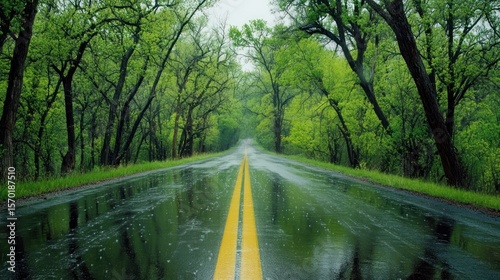 Rainy day country road through lush trees