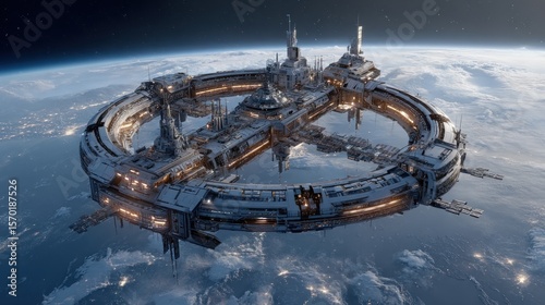 Fototapeta Naklejka Na Ścianę i Meble -  Futuristic Orbital Space Station Above Earth's City Lights