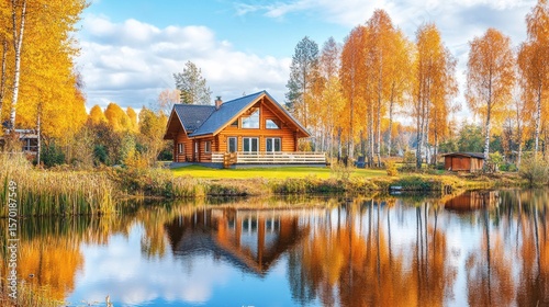 Autumn cabin by a serene lake