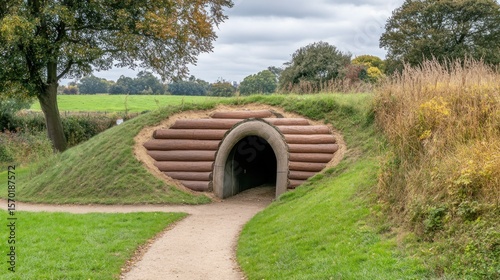 Earthy, hidden tunnel entrance nestled within a grassy mound