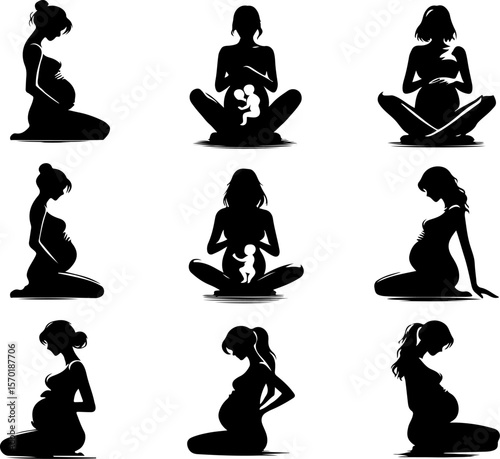 silhouette vector sketch illustration of pregnant woman mother with her first child