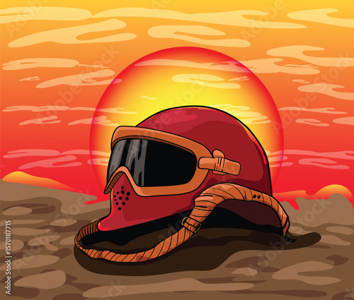 Soldier helmet abandoned on battlefield at sunset illustrating war casualties