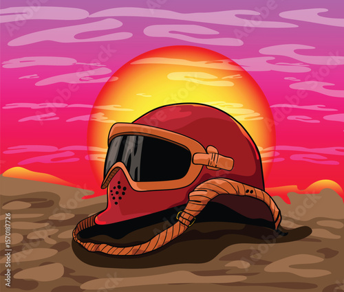 Soldier helmet abandoned on battlefield at sunset illustrating war casualties