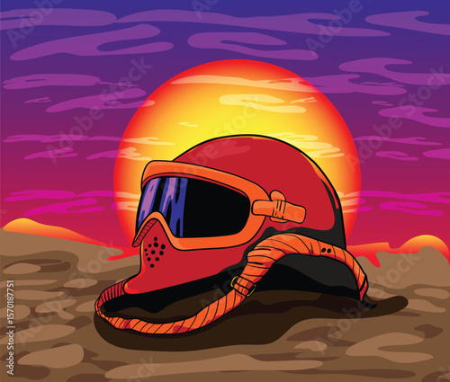 Soldier helmet abandoned on battlefield at sunset illustrating war casualties