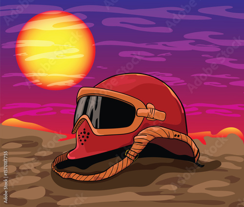 Soldier helmet abandoned on battlefield at sunset illustrating war casualties