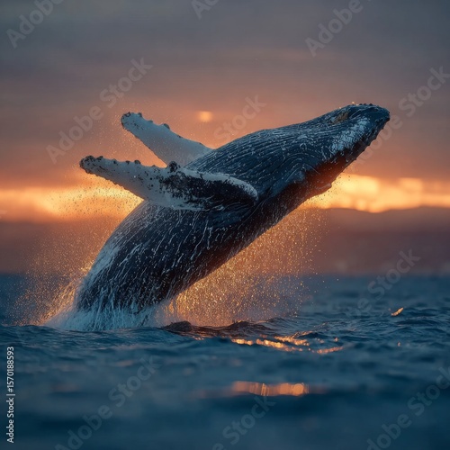 Hermosa ballena, jorobada, saltando cerca de la tierra, concepto de libertad, animal y grandes mamíferos del océano.