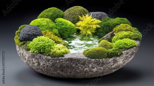 Miniature Moss Garden in Stone Bowl: A Serene Tabletop Landscape