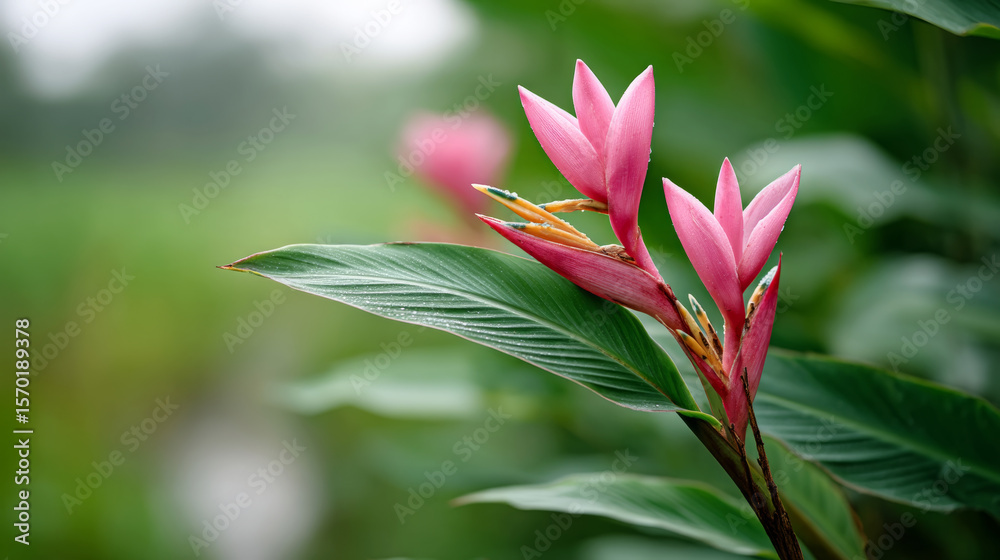 Fototapeta premium Lush pink heliconia flowers in dense tropical greenery