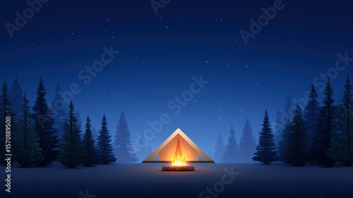 Wallpaper Mural Peaceful Night Camping Scene with Tent and Cozy Campfire Surrounded by Tall Pine Trees and Starry Sky Torontodigital.ca