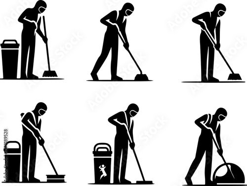 collection of vector silhouette sketches illustration of cleaning workers cleaning hazardous chemicals wearing hazmat suits