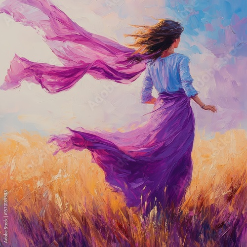 A woman in a flowing purple dress stands in a golden field, her scarf and dress billowing in the wind under a soft, colorful sky.