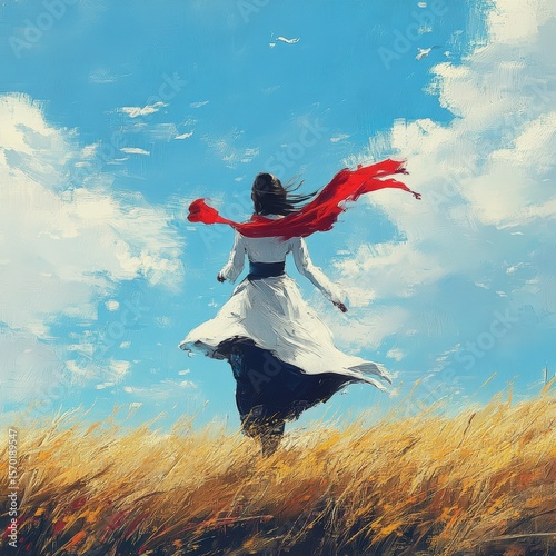 A woman in a flowing dress and red scarf stands in a golden field beneath a vivid blue sky with scattered clouds.