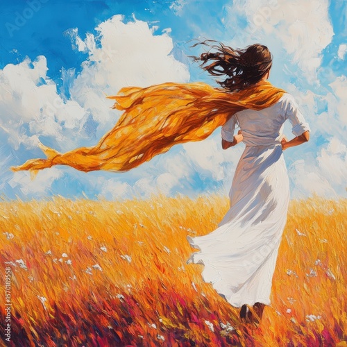 A woman in a white dress stands in a golden field with an orange scarf flowing behind her against a bright blue sky with fluffy clouds.