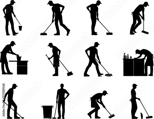 collection of vector silhouette sketches illustration of office boy cleaners cleaning