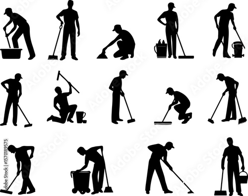 collection of vector silhouette sketches illustration of office boy cleaners cleaning