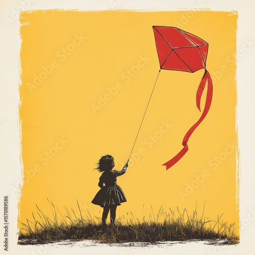 A silhouette of a child flying a red kite against a bright yellow background with grass at their feet.