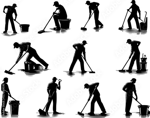 collection of vector silhouette sketches illustration of office boy cleaners cleaning