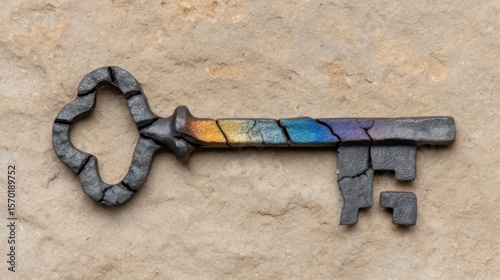 Antique Cracked Key with Rainbow Hues on Stone