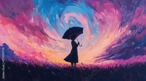 A silhouette of a woman with an umbrella stands in a field beneath a swirling, vibrant sunset sky painted in bold purples, pinks, and blues.